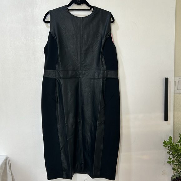 SPANX WOMENS BLACK LEATHER LIKE COMBO FITTED SHEATH DRESS BLACK Sz 1X NEW - Picture 2 of 14